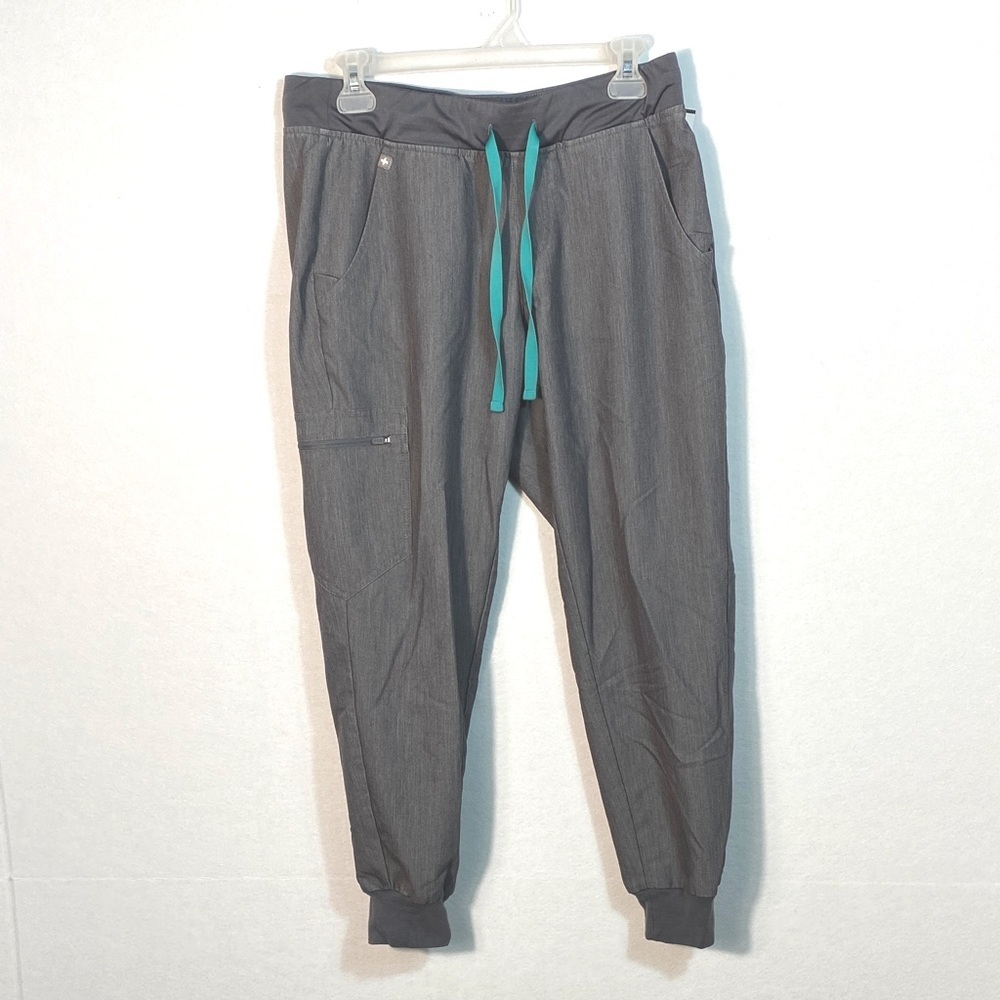 Figs Zamora Gray Jogger Scrub Pants with Teal Accents size Medium Petite